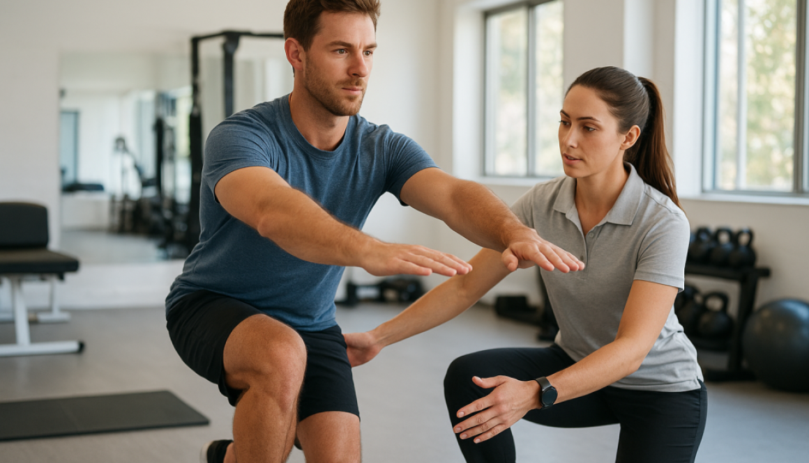 Therapist guiding athlete through strength and conditioning, injury prevention training, mobility and rehab exercises.