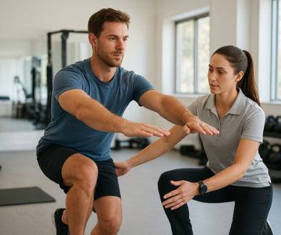 Therapist guiding athlete through strength and conditioning, injury prevention training, mobility and rehab exercises.